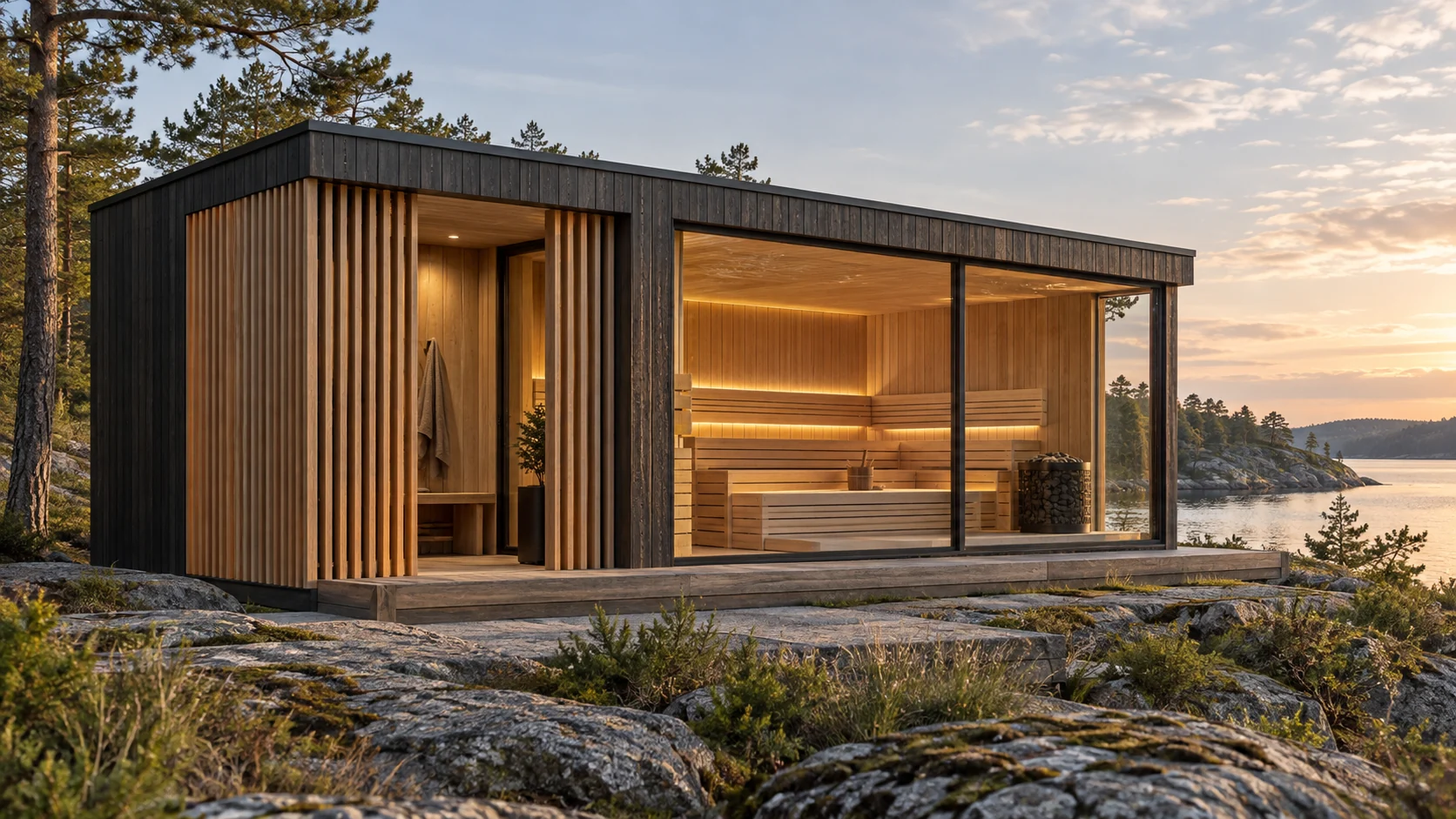 Atelier 15: concept of a two-room sauna pavilion with vertical timber screens