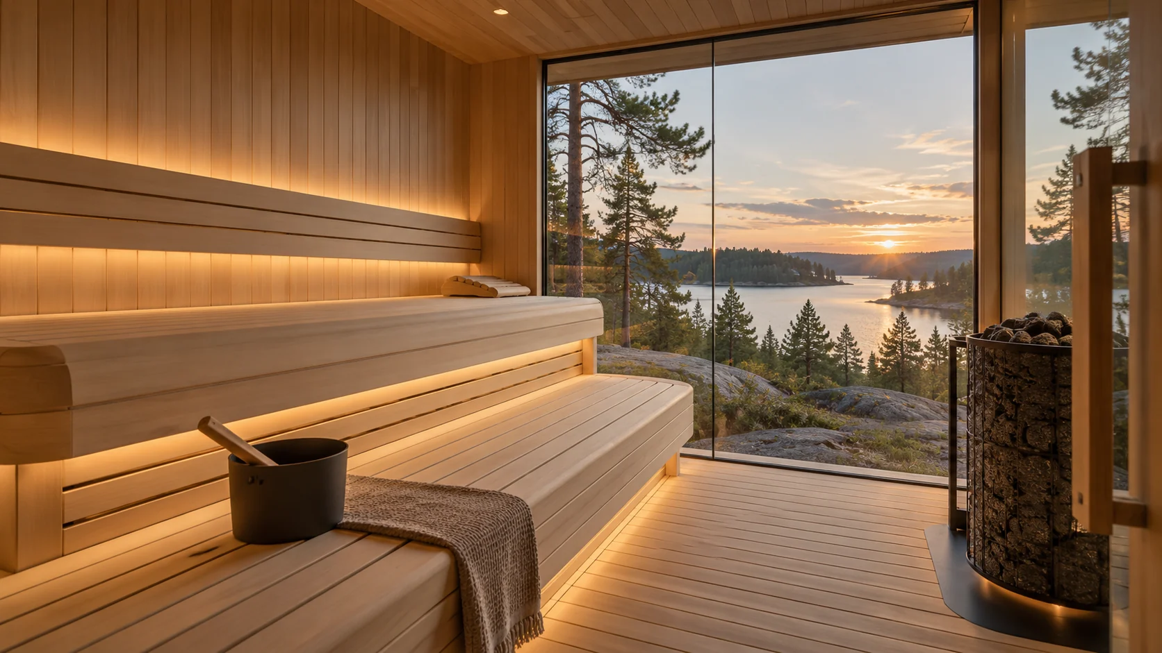 Interior concept with sculpted timber benches, concealed warm lighting and a panoramic forest view