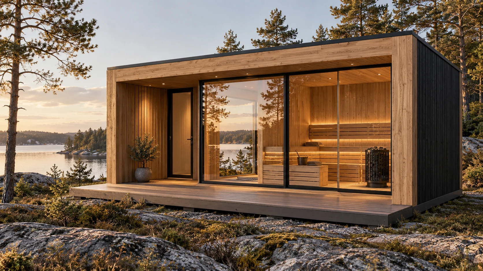 Nordic Frame 9: concept of a panoramic sauna with a deep timber frame and sheltered entrance