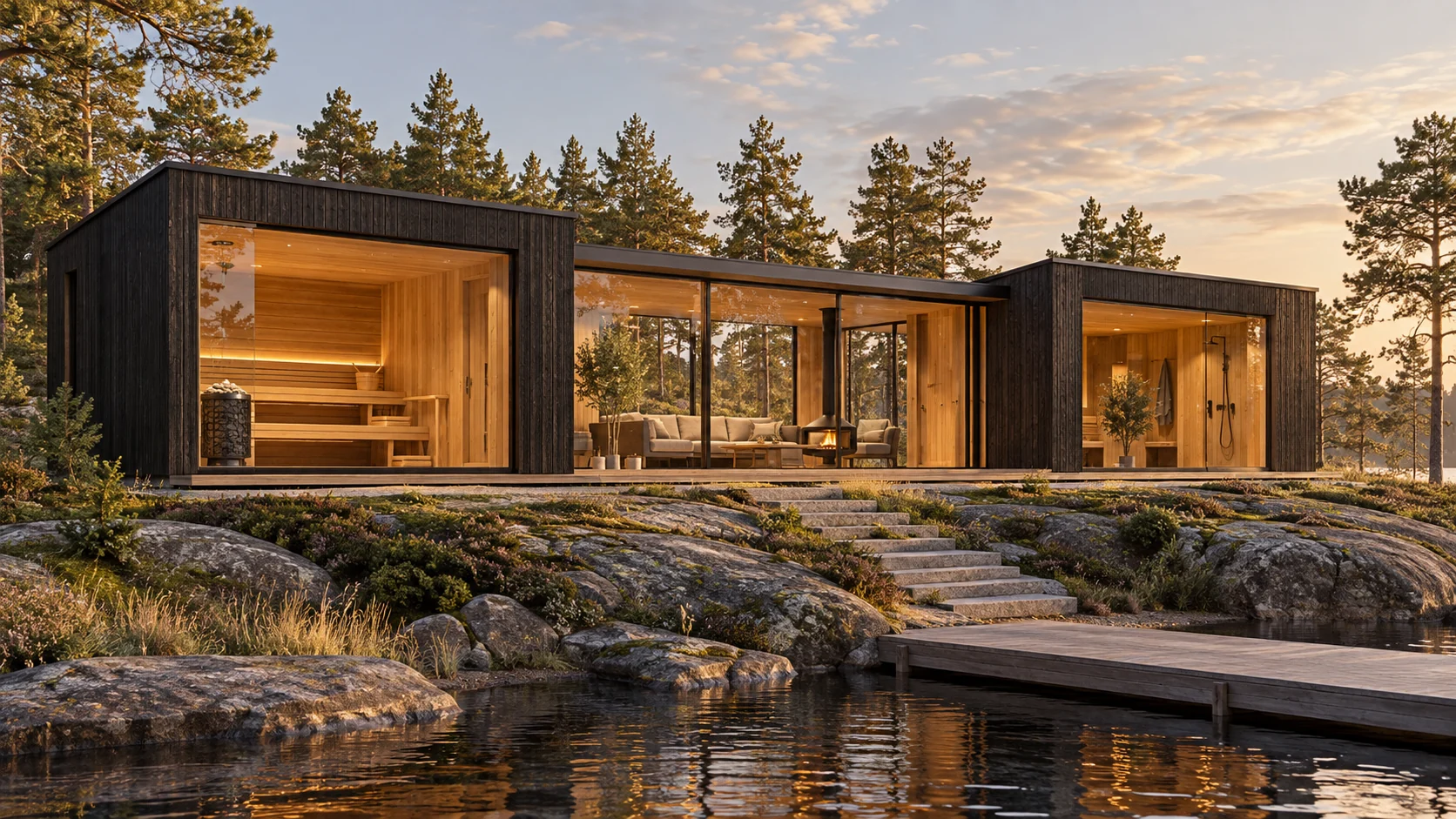 Pavilion 40: concept of a large two-wing sauna pavilion with a central glazed lounge